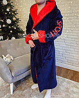 Халат мужской длинный с капюшоном темно синий с красным спорт