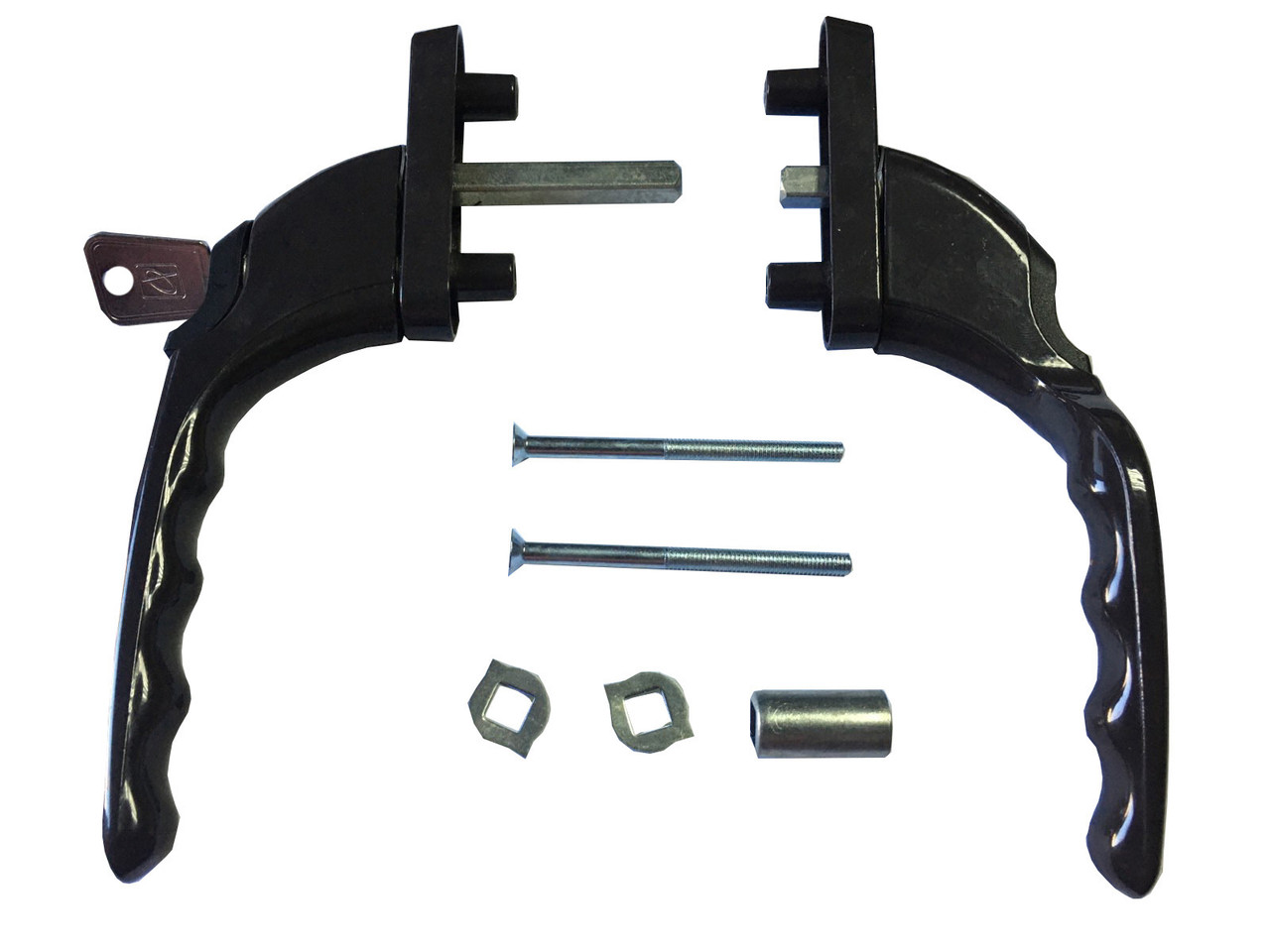 Двостороння Ручка на балконні металопластикові праву двері з ключем вузька Planet коричнева RAL 8019, фото 1