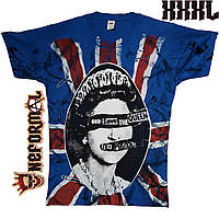 Футболка Sex Pistols синяя God Save The Queen с тотальным принтом британский флаг, Размер XXXL