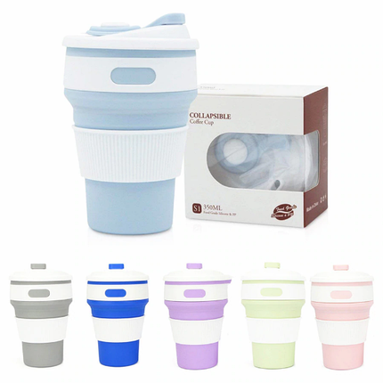Багаторазовий складаний силіконовий стакан з кришкою Collapsible coffee cup 350 мл, фото 1