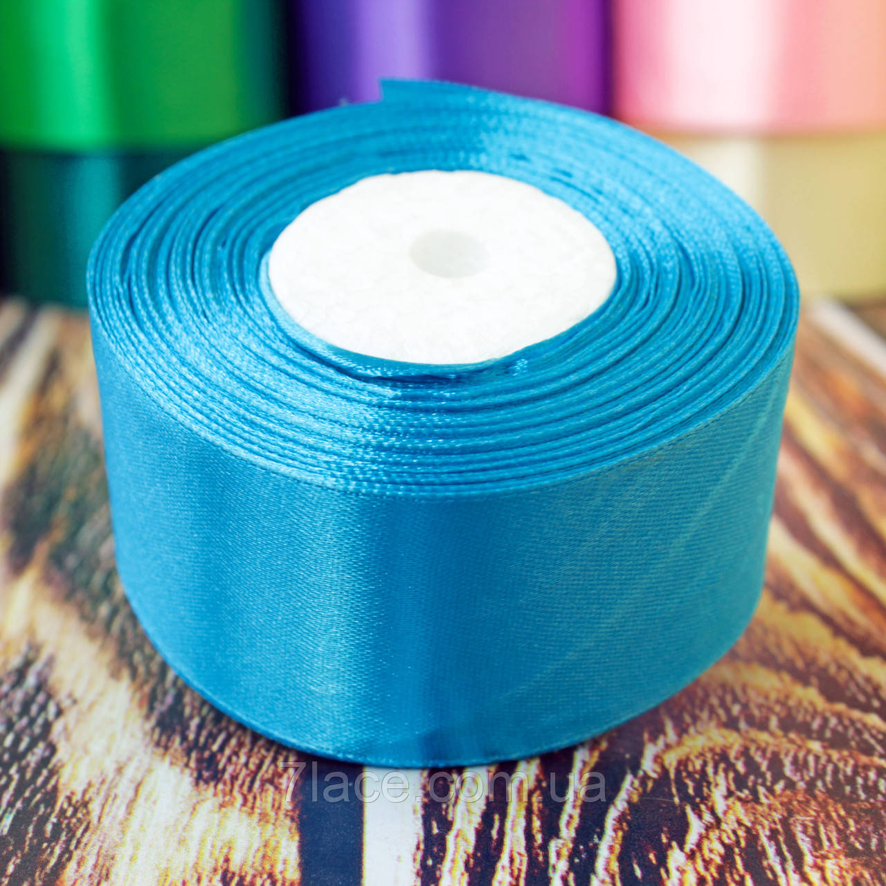 Стрічка атласна однотонна/колір БІРЮЗОВИЙ/ширина 4,0 см/бобіна 23 м, фото 1