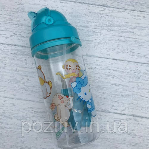 Пляшка для води з трубочкою дитяча DISNEY 400 мл Кітті блакитний, фото 1