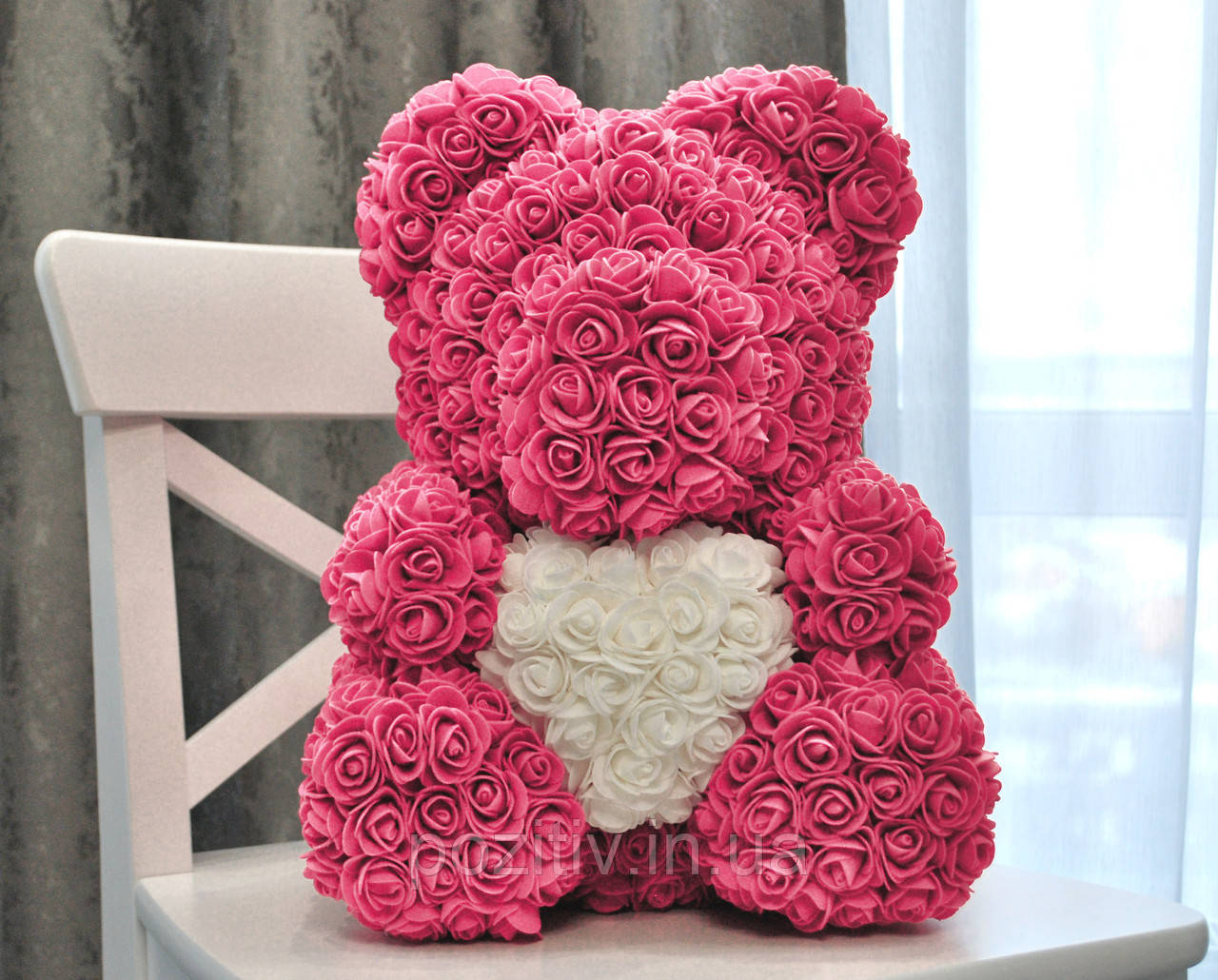 Мишко з троянд з серцем Bear Flowers 40 см з коробкою рожевий