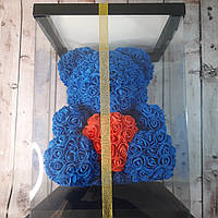 Мишка из розовых 3D роз 40 см в подарочной упаковке медведь Тедди синий (Живые фото!)