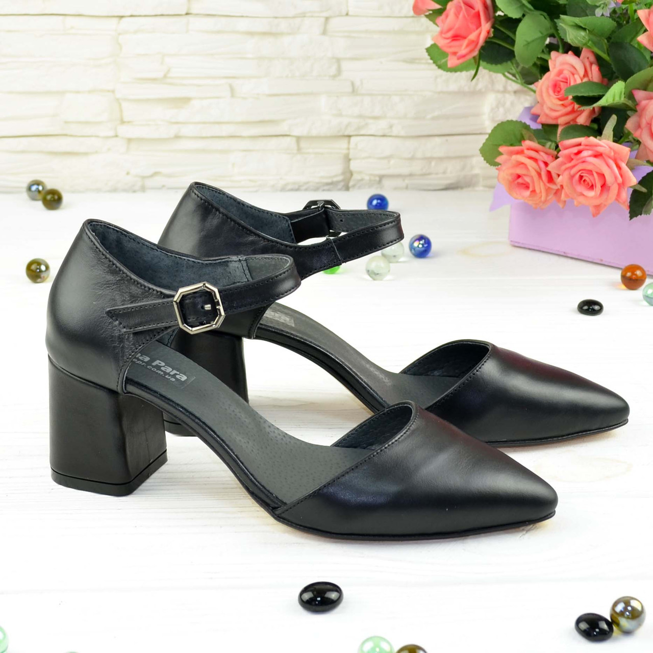 Туфлі жіночі шкіряні на невисокому стійкому каблуці, колір чорний, фото 1