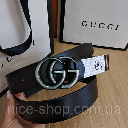 Ремінь Gucci чорний шкіряний з пряжкою срібло матове, фото 3