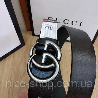 Ремінь Gucci чорний шкіряний з пряжкою срібло матове, фото 5