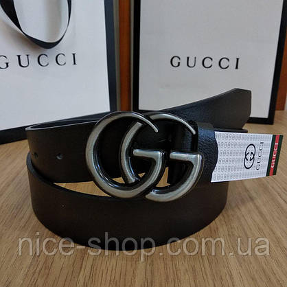 Ремінь Gucci чорний шкіряний з пряжкою срібло матове, фото 6
