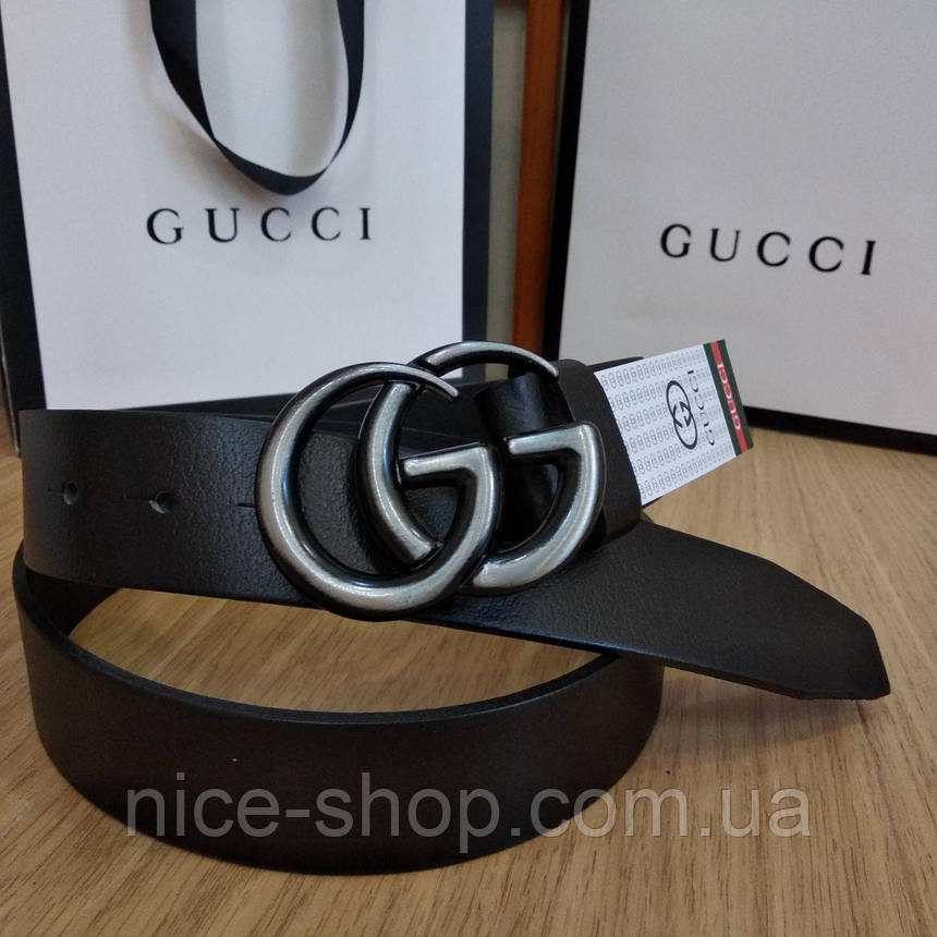 Ремінь Gucci чорний шкіряний з пряжкою срібло матове, фото 1