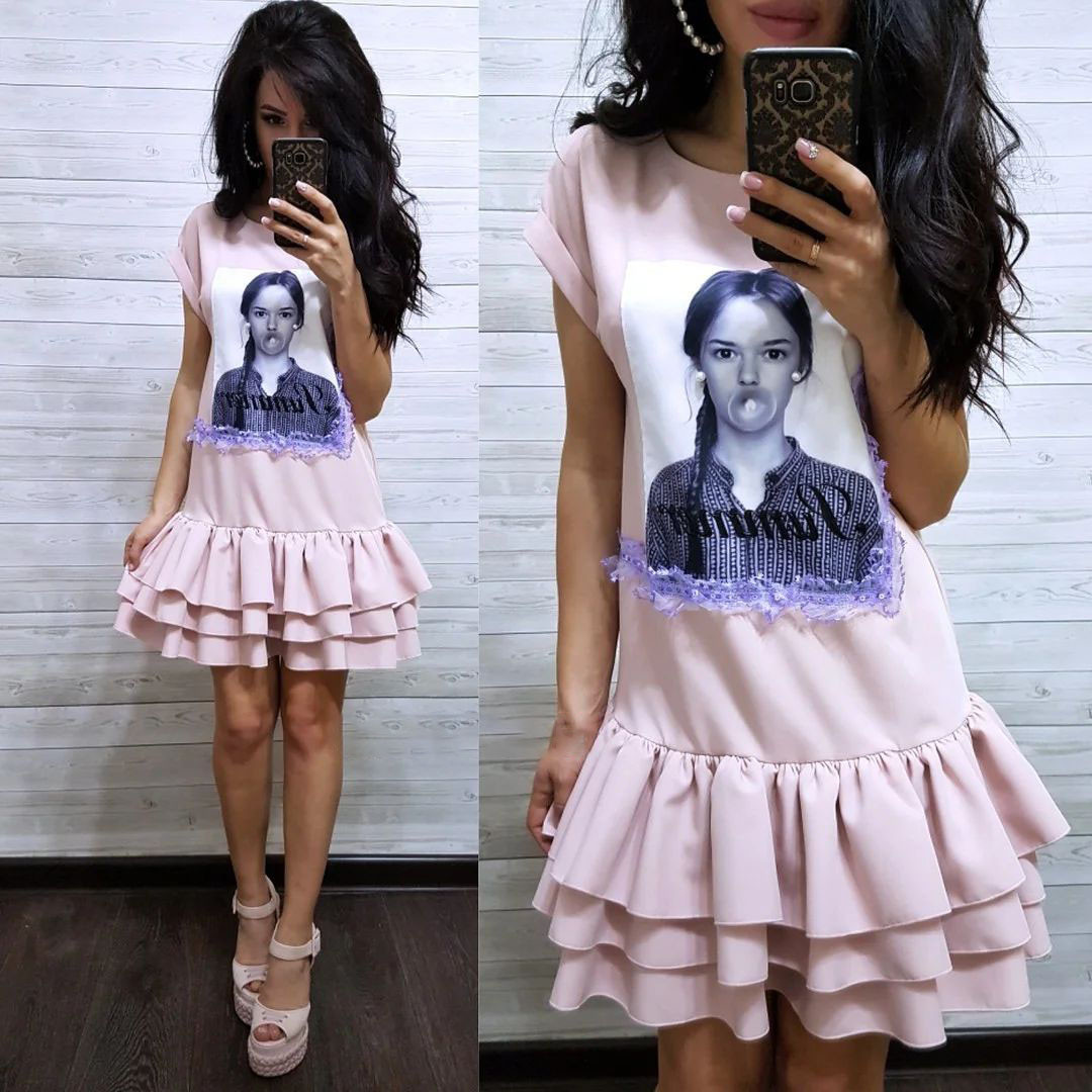 Плаття вільне з воланом і принтом із намистинками, фото 1