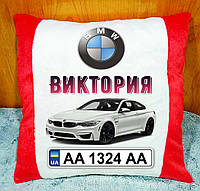 Подушка автомобильная с логотипом и номерным знаком. Подушка в машину