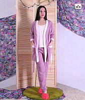 Женская пижама тройка теплая, комплект халат с пижамой пудра р.42-54