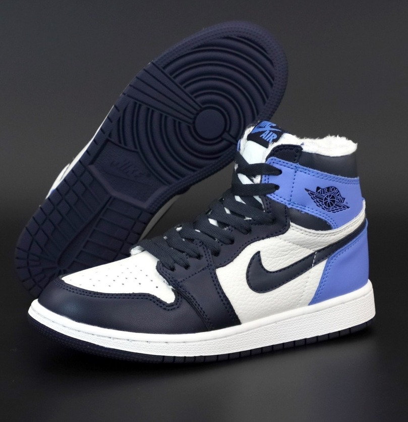 Жіночі зимові кросівки Nike Air Jordan 1 Retro high сині з хутром Живе фото. топ, фото 1