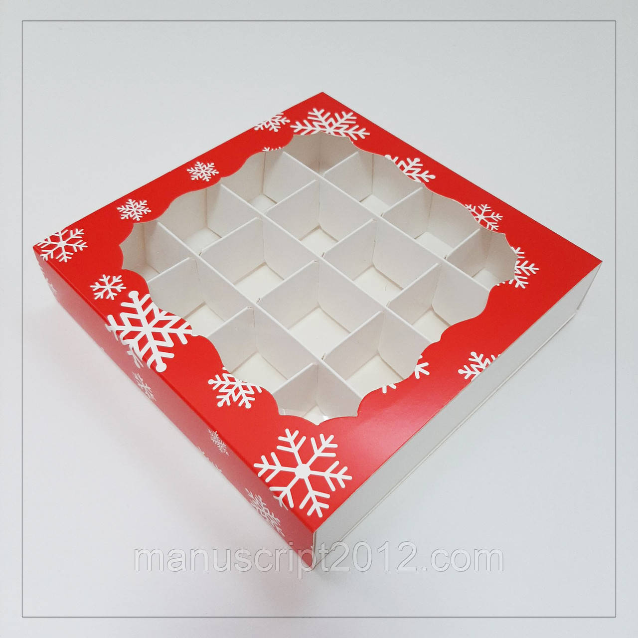 Коробка для 16 цукерок з вікном новорічна 160х160х35 мм.