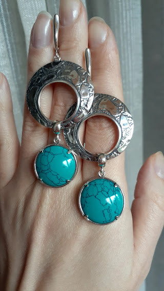 Срібні сережки підвіси з бірюзою сітчастою, фото 1