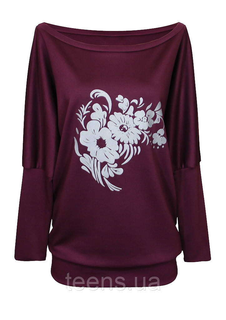 Бордова жіноча кофта Букет великих розмірів із вирізом, фото 1