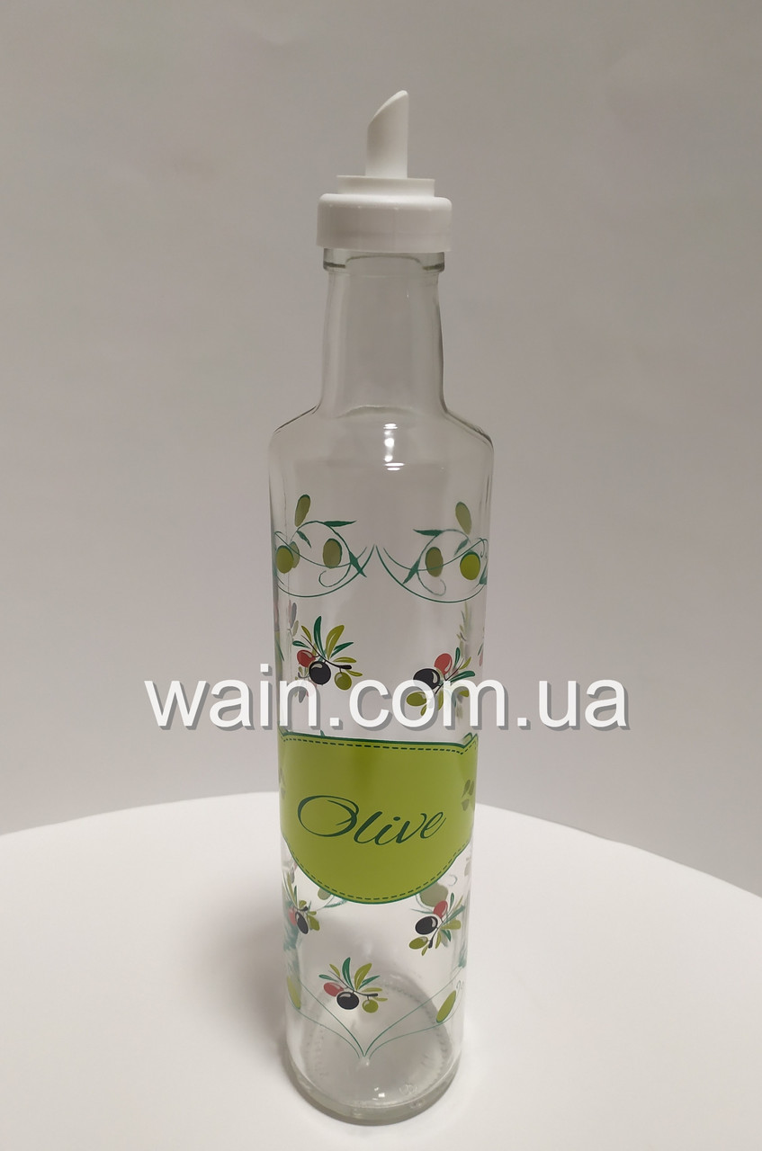 Декорована пляшка 500 мл скляна з пластиковим дозатором для олії "Оливка" Everglass