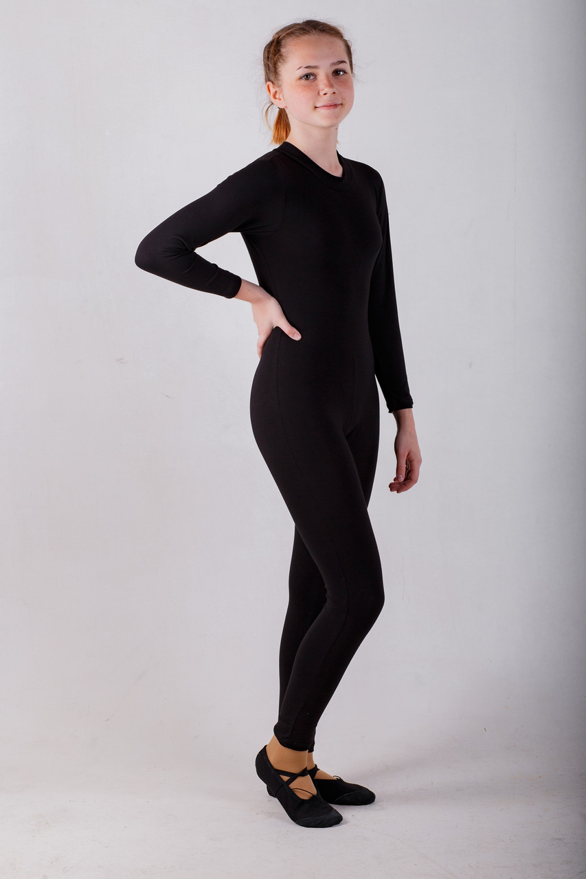 Черный комбинезон для танцев и гимнастики с длинным рукавом ,кулир - фото 1 - id-p1276478303