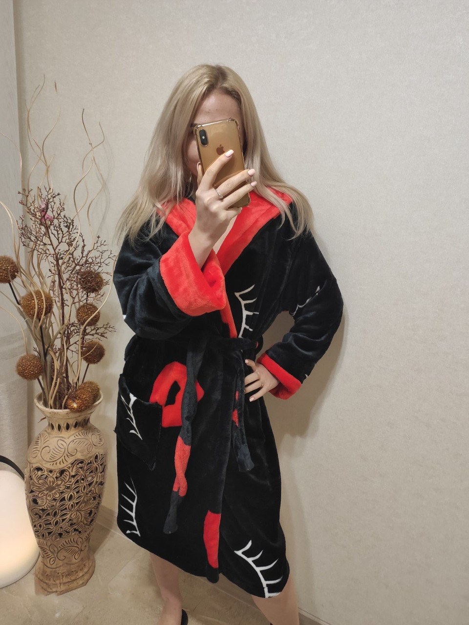 Жіночий теплий домашній халат чорного кольору, фото 1