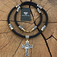 Кожаный шнурок с православными позолоченными серебряными вставками и Крестом