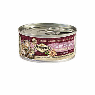 ТЕРМІН 10.2024!! Вологий корм для кошенят Carnilove Turkey & Salmon for kittens (індичка та лосось) 100 г, фото 1