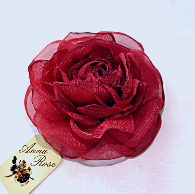 Брошка квітка з тканини ручної роботи "Бордова чайна троянда"