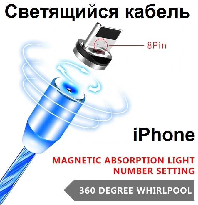 Магнітний Кабель Світиться iPhone 2A Шнур з Підсвічуванням Посилений Круглий Коннектор