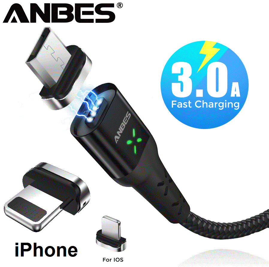 Магнитный USB-Кабель ANBES 3A для Зарядки и Передачи данных iPhone на Неодимовых Магнитных Защёлках