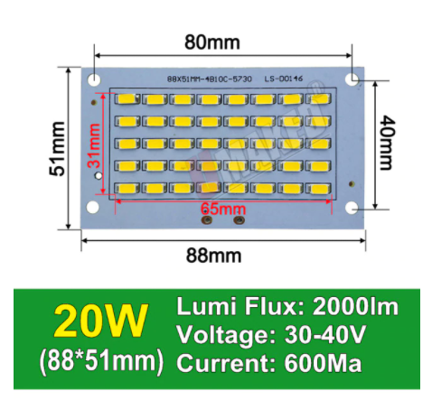 Світлодіод 20 ват під драйвер 30-40V00K Led 40шт. SMD LED 20w 32V 88x51м.