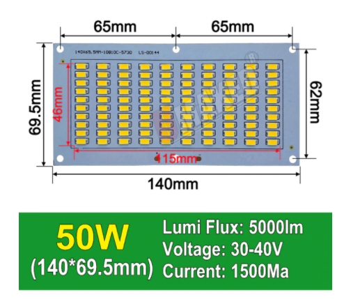 Світлодіод 50 ватт під драйвер 30-40V 6000K Led 60шт. SMD LED 50w 32V 140х70мм.