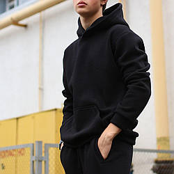 Тепла кофта чоловіча оверсайз зимова basic чорна худі на флісі чоловіче