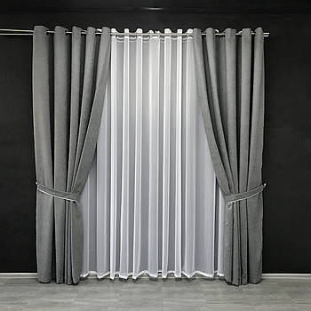 Готові штори на люверсах з мікровелюру, сучасні однотонні портьєри у вітальню Сірі