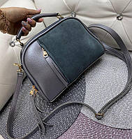 Небольшая замшевая женская сумка клатч сумочка через плечо серая чемоданчик натуральная замша+кожзам