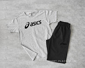 Літній комплект шорти і футболка Asics (сіра футболка , темно сірі шорти) великий логотип