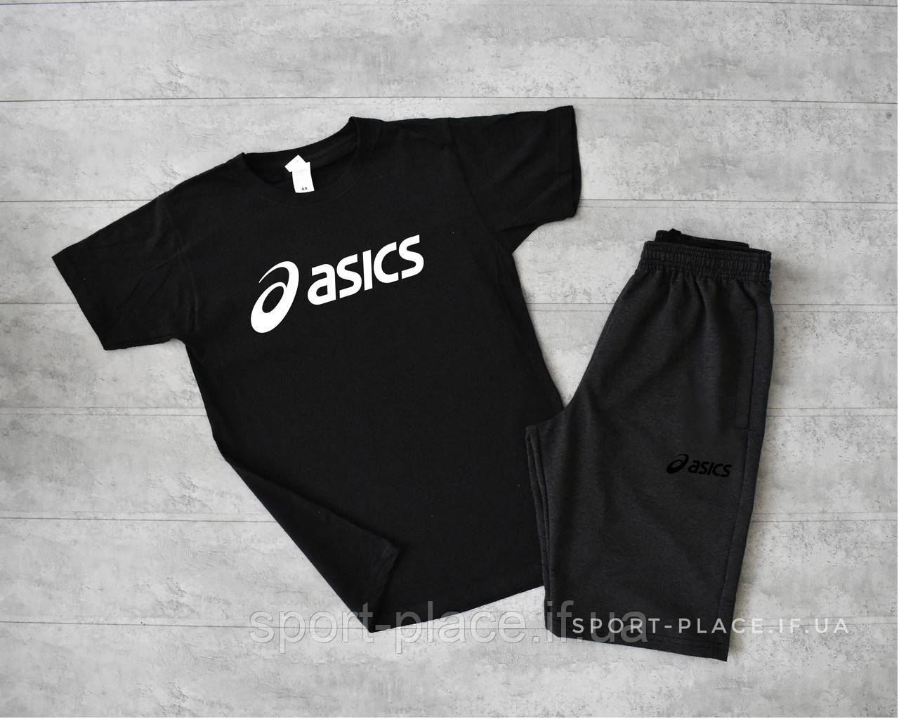 Літній комплект шорти і футболка Asics (чорна футболка , темно сірі шорти) великий логотип