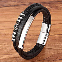 Модний Магнітний чорний чоловічий браслет з нержавіючої сталі, шкіряний плетений браслет №1 довжина 21см