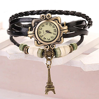 Чорний наручний жіночий годинник-браслет із підвіскою "Ейфелева вежа", шкіряний ремінець
