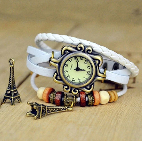 Білий наручний жіночий годинник-браслет із підвіскою "Ейфелева вежа", шкіряний ремінець