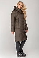 Удлиненное женское пальто из плащевки еврозима, цвет хаки, большого размера от 46 до 56