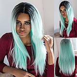 Перука довга пряма без чубчика яскрава блакитна омбре (65birusS), фото 2