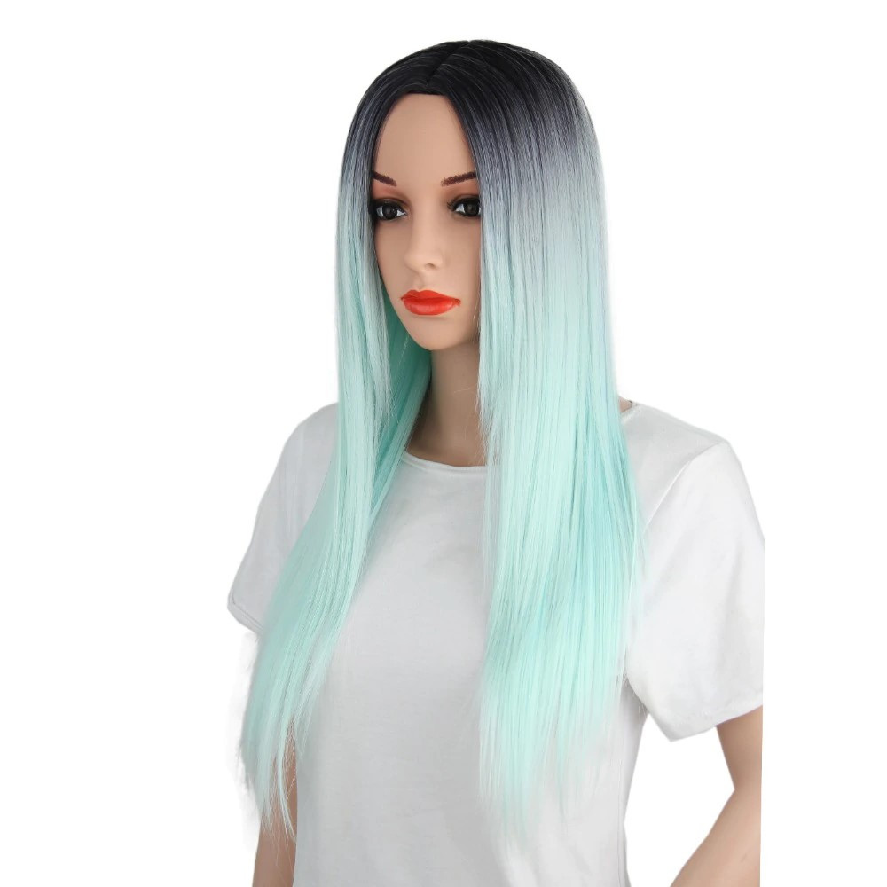 Перука довга пряма без чубчика яскрава блакитна омбре (65birusS), фото 1