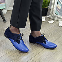 Туфлі жіночі сині на шнурівці, низький хід. Натуральна шкіра та замш