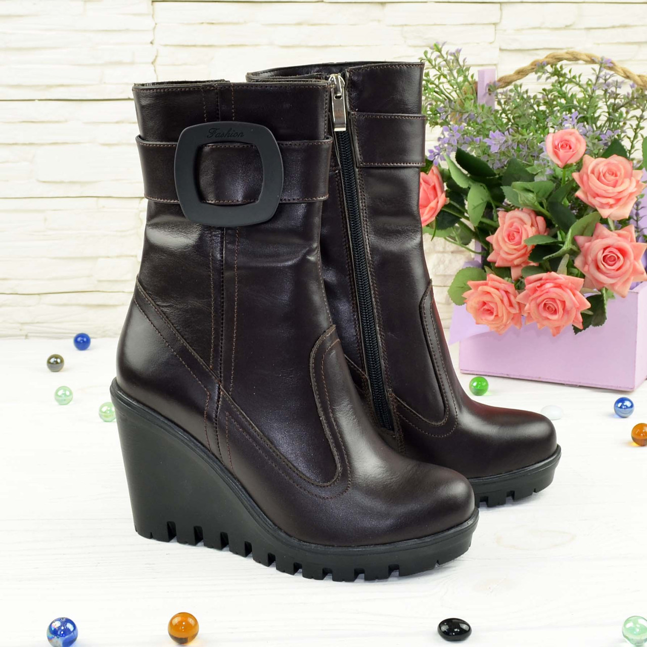 Черевики жіночі шкіряні коричневі на високій стійкої платформи, фото 1