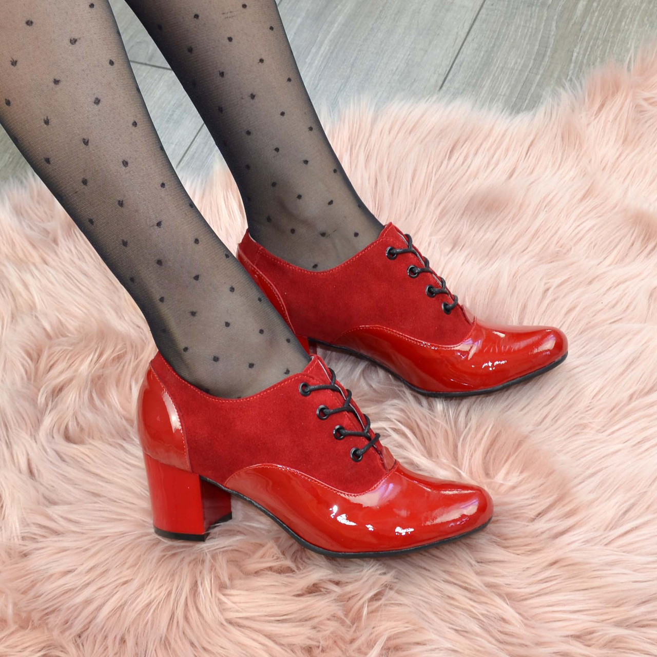 Туфлі жіночі на стійкому каблуці, натуральна замша та шкіра червоного кольору. Розмір 36, 37, фото 1