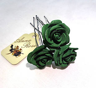 Шпильки для волосся з квітами ручної роботи "Трояндочки Зелені"