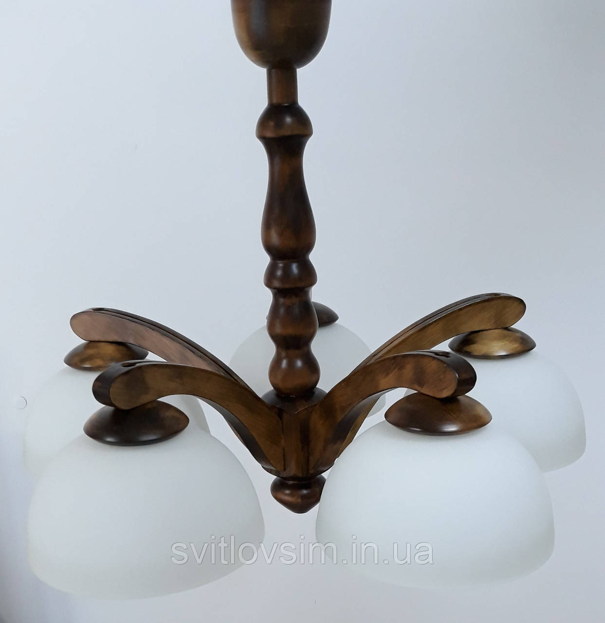 Люстра дерев'яна "Павук" із натурального дерева на 5 білих плафонів, фото 1