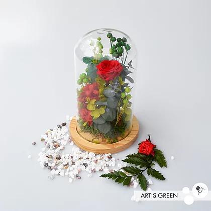 Колба з трояндою «Green&red» стабілізовані рослини, мох, композиції в колбі, фото 1