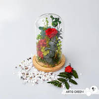 Колба з трояндою «Green&red» стабілізовані рослини, мох, композиції в колбі