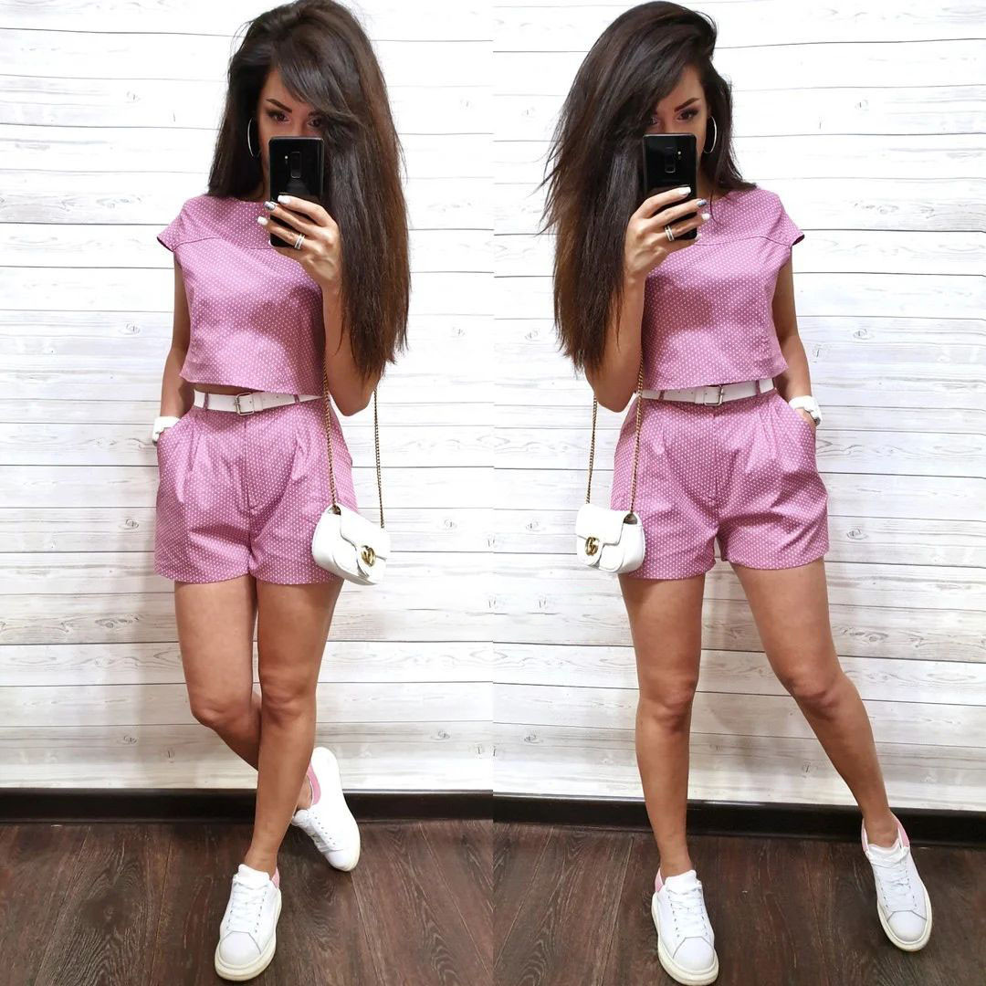 Літній костюм із шортами в горошок новинка 2023, фото 1