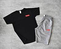 Літній комплект шорти і футболка Supreme (чорна футболка , світло сірі шорти) маленький логотип